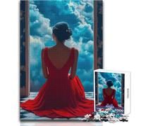 Puzzle da 1000 pezzi per adulti, donna in abito rosso che guarda le nuvole, goditi un dolce relax, vestibilità stabile, taglio preciso, dimensioni del giocattolo: 38x26cm