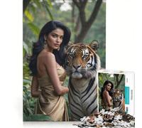 Puzzle da 1000 pezzi per adulti: donna indiana e tigre del Bengala nella giungla, gioco pratico, assemblaggio di modelli, compleanno e altre occasioni 50x75cm