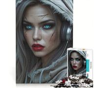 Puzzle da 1000 pezzi per adulti Donna post-apocalittica con occhi azzurri e cuffie gioco educativo migliora la memoria compleanno e Natale 50x75cm