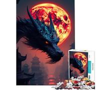 Puzzle da 1000 pezzi per adulti: Drago su città asiatica con luna rossa Puzzle da 1000 pezzi per decorazione domestica giocattolo assemblaggio divertimento in famiglia e serate di gioco (38x52cm)