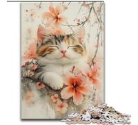 Puzzle da 1000 pezzi per adulti e adolescenti con gatto acquerello e fiori di ciliegio, attività per famiglie, decorazioni per la casa uniche e regali per bambini dai 14 anni in su dimensioni 26x38cm