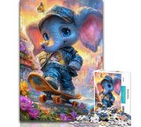 Puzzle da 1000 pezzi per adulti e adolescenti Elefante sullo skateboard, giocattoli per l'intrattenimento della famiglia con poster abbinato e foglio di quiz 38x26cm