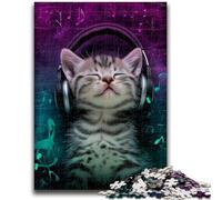 Puzzle da 1000 pezzi per adulti e adolescenti, gattino con cuffie, aiuta il cervello a esercitare i giocattoli avvincenti per coltivare la pazienza, collezione di artisti, belle arti, 26x38cm