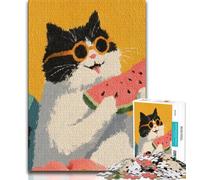 Puzzle da 1000 pezzi per adulti e adolescenti, gatto che mangia anguria, adatto come decorazione da scrivania per bambini dai 14 anni in su (dimensioni 38x26cm)