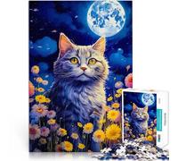 Puzzle da 1000 pezzi per adulti e adolescenti luna di gatto e fiore Fatto di legno,per e da 14 anni in su per la decorazione della casa Regalo di compleanno, regali, arte murale。misurare:50x75cm