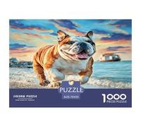 Puzzle da 1000 pezzi per adulti e bambini con simpatico cane, bulldog che corre sulla spiaggia, impossibile, difficile, impegnativo, 70x50 cm/1000 pezzi
