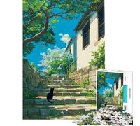 Puzzle da 1000 pezzi per adulti e ragazzi con gatto nero anime su gradini di pietra Puzzle divertente per adulti sfida impegnativa regalo di compleanno o unico (dimensioni 38x52cm)