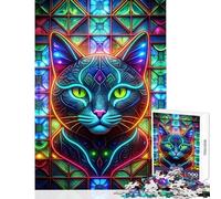 Puzzle da 1000 pezzi per adulti e ragazzi gatto al neon vetrata artistica gioco interattivo per tutta la famiglia giocattolo fai da te compleanno e Natale (38x26cm)