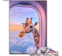 Puzzle da 1000 pezzi per adulti e ragazzi, giraffa fuori dal finestrino dell'aereo, difficile da completare ma divertente e umoristico, compleanni e anniversari, 38x26cm