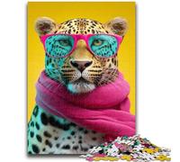 Puzzle da 1000 pezzi per adulti e ragazzi, leopardo che indossa una sciarpa, gioco stimolante, giocattoli, ideale come regalo per tutta la famiglia, 26x38cm
