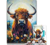 Puzzle da 1000 pezzi per adulti e ragazzi, puzzle con mucca delle Highlands dipinta a olio per adulti, apprendimento educativo, ideale come regalo per tutta la famiglia (dimensioni 75x50cm)