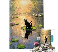 Puzzle da 1000 pezzi per adulti e ragazzi raffigurante un gatto nero su una ninfea Un gioco divertente per adulti ideale come regalo (dimensioni 38x52cm)
