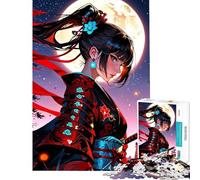 Puzzle da 1000 pezzi per adulti e ragazzi raffigurante una donna samurai al chiaro di luna con kimono rosso Gioco per famiglie decorazione da parete compleanno e Natale (38x26cm)
