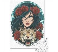 Puzzle Da 1000 Pezzi Per Adulti E Ragazzi Tattoo Design Woman with Roses And Jaguar Puzzle Gioco Per Famiglie Sfida Difficile Difficile E Sfida 52x38cm/1000pcs