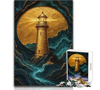 Puzzle da 1000 pezzi per adulti Faro dorato su una costa rocciosa (14) Giocattoli fai da te per la decorazione della casa per bambini dai 14 anni in su (dimensioni 50x75cm)