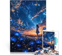 Puzzle da 1000 pezzi per adulti Fiore blu e luce delle stelle giochi divertenti per famiglie con poster abbinato e foglio di quiz 38x26cm