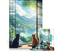Puzzle da 1000 pezzi per adulti gatti che osservano un paesaggio giapponeseGioco di abilità mentale,preciso e divertente,ideale per momenti di relax e come regalo di Natale (38x52cm)