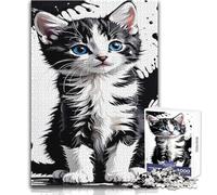 Puzzle da 1000 pezzi per adulti, gattino bianco e nero con occhi azzurri, goditi un dolce relax, vestibilità stabile, taglio preciso, dimensioni del giocattolo: 38x26cm