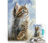 Puzzle da 1000 pezzi per adulti Gattino Maine Coon nell'erba Riduzione dello stress interessante Migliorare l'amore tra le coppie 38x26cm