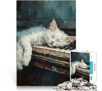 Puzzle da 1000 pezzi per adulti Gatto bianco dorme sul pianoforte Giocattoli fai da te Attività divertenti a casa, regali di compleanno, regali di viaggio, 38x26cm