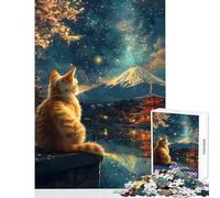 Puzzle da 1000 pezzi per adulti Gatto che ammira il monte Fuji e la pagoda Giappone Van Gogh Decorazione per la casa Giocattoli Opera d'arte Regalo Giochi per famiglie con poster e quiz abbinati