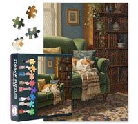 Puzzle da 1000 pezzi, per adulti, gatto che dorme sul divano verde, accanto alla libreria, accogliente, soggiorno, pittura per interni, carino, animale domestico, arte rilassante, decorazione per