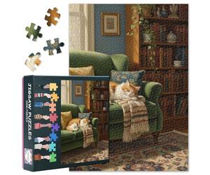 Puzzle da 1000 pezzi, per adulti, gatto che dorme sul divano verde, accanto alla libreria, accogliente, soggiorno, pittura per interni, carino, animale domestico, arte rilassante, decorazione per