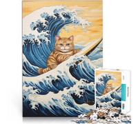 Puzzle da 1000 pezzi per adulti Gatto che fa surf sull'onda giapponese Giochi Giocattoli Regalo Adatto per la decorazione del desktop 38x26cm
