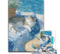 Puzzle da 1000 pezzi per adulti "Gatto che fa un pisolino in riva al mare", dipinto, difficile, difficile, giochi rilassanti, adatto dai 14 anni in su, 38x26cm