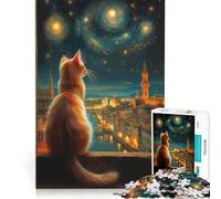 Puzzle da 1000 pezzi per adulti: Gatto che guarda Firenze sotto un cielo stellato, gioco rompicapo, divertente antistress, ottimo regalo per gli appassionati di videogiochi 38x52cm