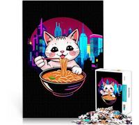 Puzzle da 1000 pezzi per adulti Gatto che mangia ramen a Neon City Gioco impegnativo con pezzi completamente interconnessi di forma casuale 52x38cm