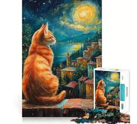 Puzzle da 1000 pezzi per adulti gatto che osserva un villaggio illuminato dalla luna,decorazione a incastro,gioco di costruzione rilassante,regalo di compleanno (38x52cm)