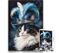 Puzzle da 1000 pezzi per adulti Gatto con cappello e piume Goditi un dolce relax e svago Vestibilità stabile Taglio preciso Dimensioni del giocattolo 50x75cm
