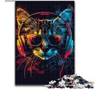 Puzzle da 1000 pezzi per adulti,gatto con cuffie e occhiali da sole in legno come decorazione fai da te o regalo di compleanno,50x75cm,rompicapo stimolante - giocattolo rilassante per adolescenti