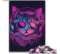 Puzzle da 1000 pezzi per adulti, gatto con cuffie e occhiali da sole, in legno, idea regalo unica fai da te per la casa, 50x75cm, gioco rompicapo per adolescenti, regalo perfetto per le feste
