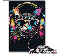 Puzzle da 1000 pezzi per adulti,gatto con cuffie e occhiali da sole,in legno,perfetto come regalo di compleanno,Natale e Halloween,50x75cm,decorazione artistica fai da te,regalo di compleanno perfetto
