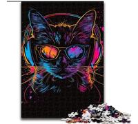 Puzzle da 1000 pezzi per adulti, gatto con cuffie e occhiali da sole, in legno, regalo perfetto per genitori, amanti e amici - età 14+, 50x75cm, gioco interattivo per famiglie