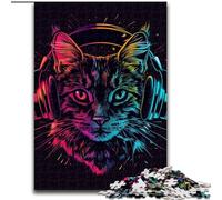 Puzzle da 1000 pezzi per adulti, gatto con cuffie e occhiali da sole, in legno, regalo perfetto per genitori, amanti e amici - età 14+, 50x75cm, ideale per compleanni, vacanze, Natale e Halloween