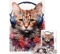 Puzzle da 1000 pezzi per adulti Gatto con cuffie Giocattolo artistico Decorazione da parete Idee regalo Giochi rilassanti Migliorare l'amore tra coppie Dimensioni 50x75cm