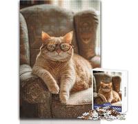 Puzzle da 1000 pezzi per adulti Gatto con gli occhiali su poltrona Goditi un dolce relax e relax Vestibilità stabile Taglio preciso Dimensioni del giocattolo: 38x52cm
