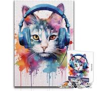 Puzzle da 1000 pezzi per adulti Gatto con le cuffie Musica Meraviglioso per le giornate di svago pigro Affidabile Taglio aderente Dimensioni del giocattolo 50x75cm