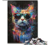 Puzzle da 1000 pezzi per adulti Gatto con occhiali da sole in legno per il divertimento in famiglia durante i compleanni,Natale 50x75cm,coinvolgente attività di gioco per la serata in famiglia