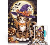 Puzzle da 1000 pezzi per adulti Gatto di Halloween con cappello da strega Regali di giochi impegnativi Decorazioni e regali unici per la casa 38x26cm