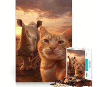 Puzzle da 1000 pezzi per adulti Gatto e rinoceronte che si scattano un selfie al tramonto Pezzi ben definiti Gioco di abilità mentale Divertimento e relax Scena natalizia Illustrazione (38x26cm)