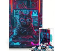Puzzle da 1000 pezzi per adulti: Gatto gamer in una stanza al neon, gioco divertente, allena la mente e la mano, ideale come regalo per tutta la famiglia 50x75cm