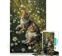 Puzzle da 1000 pezzi per adulti "Gatto in un campo di margherite" con bordi sottili,gioco cognitivo,rilassante,decorazione natalizia da parete (50x75cm)