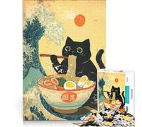 Puzzle da 1000 pezzi per adulti: gatto nero che mangia ramen con una grande onda, gioco rompicapo, assemblaggio di modelli, per migliorare l'amore tra le coppie 38x52cm