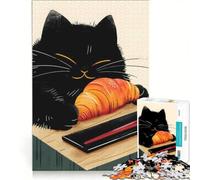 Puzzle da 1000 pezzi per adulti, gatto nero che mangia un croissant, gioco pratico, difficile e stimolante, adatto come decorazione da scrivania 50x75cm