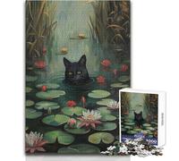 Puzzle da 1000 pezzi per adulti Gatto nero che nuota nel fiume Un'opera d'arte Regalo per compleanni per bambini dai 14 anni in su (dimensioni 38x52cm)