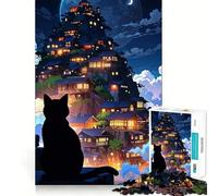Puzzle da 1000 pezzi per adulti Gatto nero che osserva un villaggio giapponese Gioco di incastro,idea regalo per stimolare la mente,momento di relax,divertimento assicurato per il compleanno 50x75cm